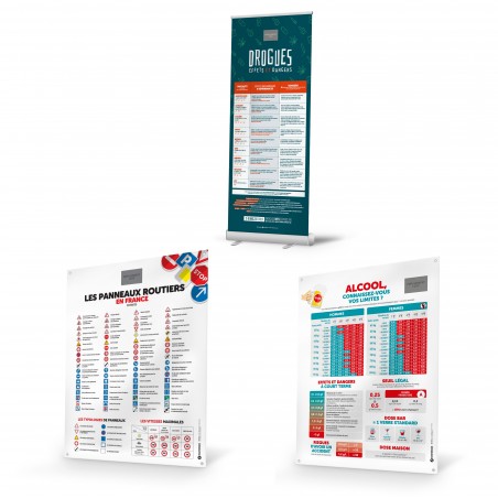 1 roll up et 2 bâches personnalisables avec votre logo. Thèmes : ALCOOL, DROGUES et PANNEAUX ROUTIERS